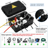 Black electrical cable management box with wiring and specifications on a white background